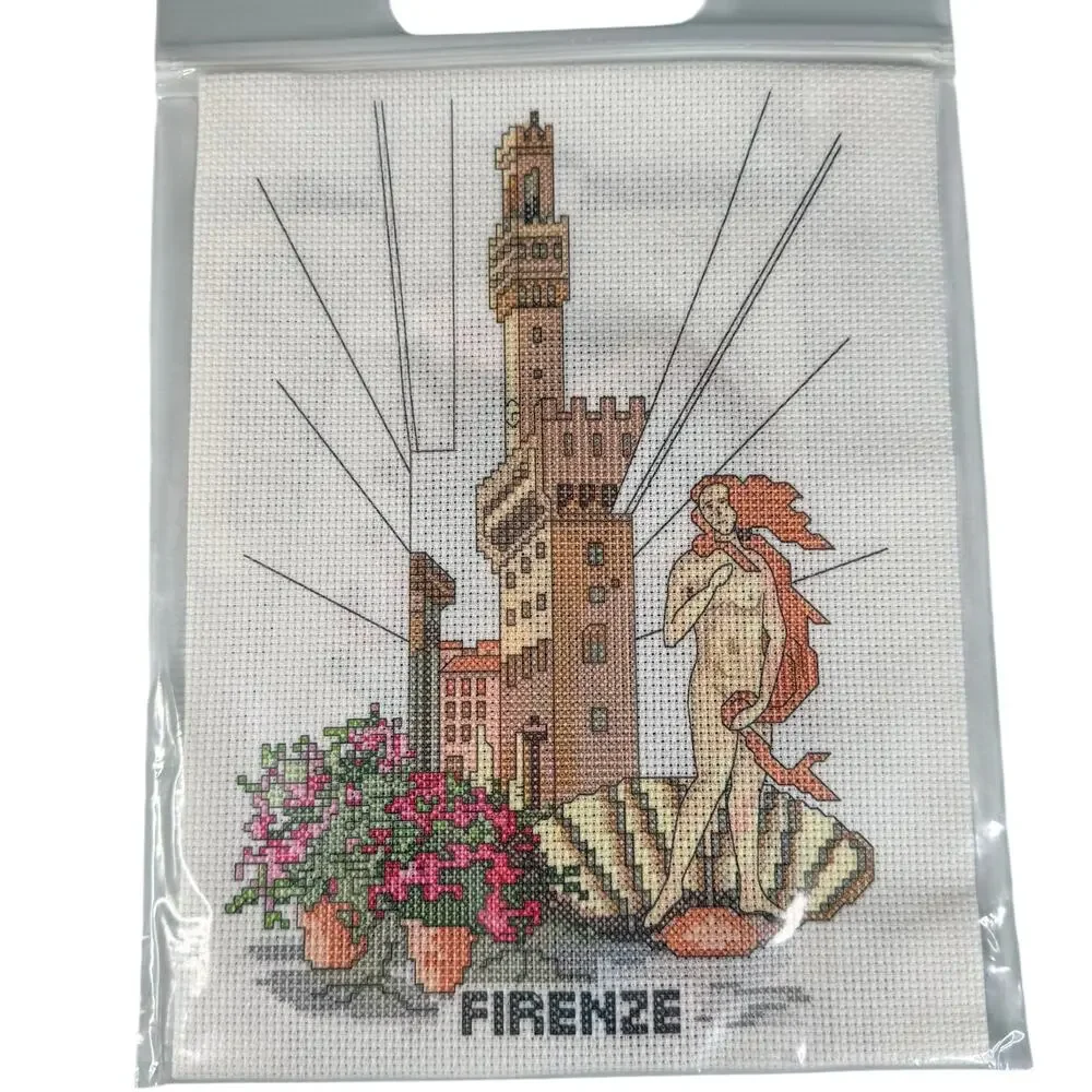 Vintage Firenze Italy Cross Stitch Kit Printed Aida Cloth Florence Embroidery